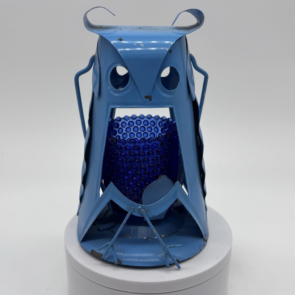 Hong Kong Metal Blue‎ Owl Lantern Candle Holder Double Sided Glass Amber Hobnail
